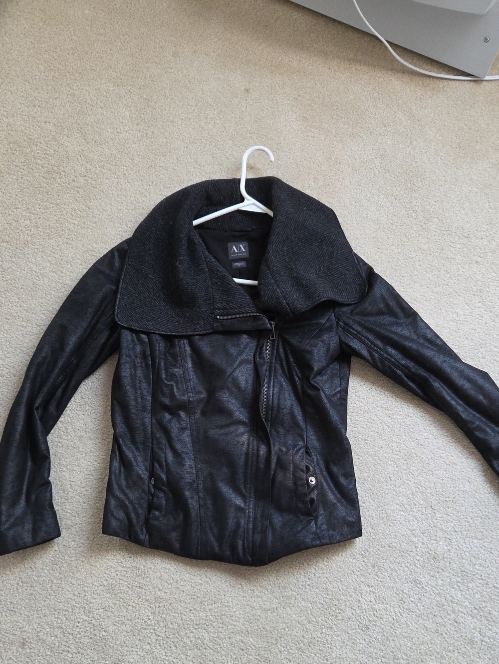 Armani Exchange Black Faux Leather Jacket with Oversized Shawl Collar